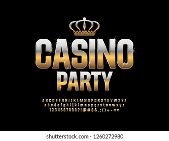 Vector royal Casino Party Emblem with Crown. Golden Font with sparkling Stars. Luxury Alphabet Letters, Numbers and Symbols.