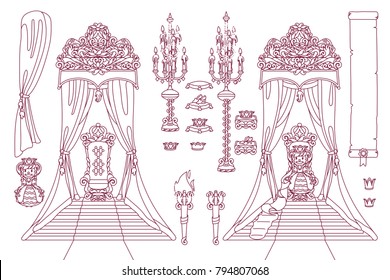 vector royal chair, princess throne with baldachin flat girlish concept. Cute regal, royal, kingly line set. Cartoon design elements. Black outline illustration. Graphics isolated on white background