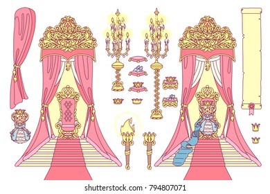 vector royal chair, princess throne with baldachin flat girlish set. Cute regal, kingly collection. Cartoon design elements. Colorful handdrawn illustration. Graphics isolated on white background