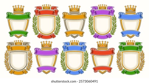 Vector Royal Crest Set, collection of 10 isolated illustrations colorful heraldic crests with copy space, group of different retro family crest layouts for slogan with gold crown on white background