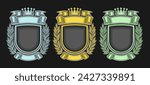 Vector Royal Crests Set, collection of 3 isolated illustrations heraldic colorful crest layouts with copyspace, group of decorative variety retro labels with ribbons for title text on black background