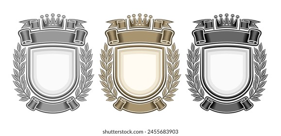 Vector Royal Crests Set, collection of 3 isolated illustrations heraldic crest layouts with copy space, group of decorative various retro sign boards with ribbons for title text on white background