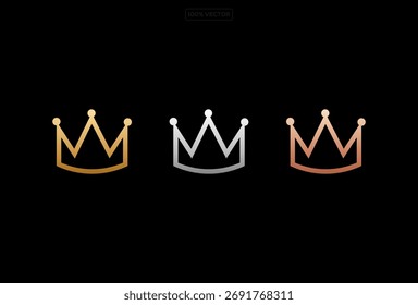 Vector royal crown gold bronze and silver color isolated on black background template