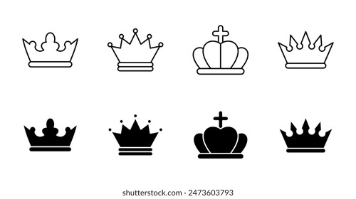 Vektorgrafik Royal Crown Icons. Logo-Symbol für Linie und Silhouette. Editierbarer Strichsatz. Königin Prinzessin. Preissieg, Luxus Tiara Hut. Stockdarstellung auf weißem Hintergrund