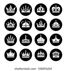 Vector royal crowns icons set. Black white crown collection illustration.