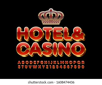 Vetor Royal emblem Hotel & Casino. Letras e Números em Alfabeto Vermelho e Dourado. Fonte brilhante de luxo