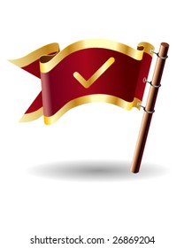 Vector royal flag icon with check mark icon on red and gold background