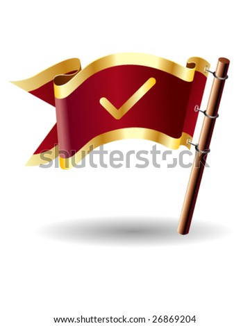 Vector royal flag icon with check mark icon on red and gold background