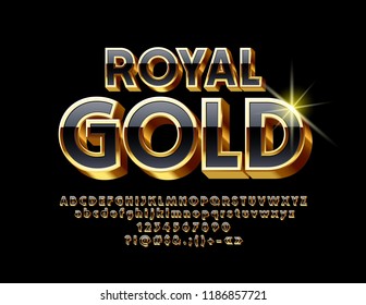 Vector Royal Gold Unique Font. Elite 3D Alphabet Letter, Numbers And Symbols.