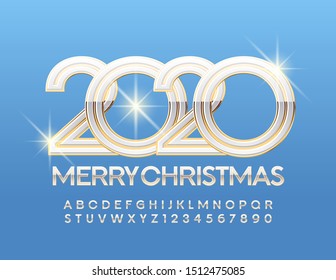 Vektor Royal Gold und White Grußkarte Frohe Weihnachten 2020. Luxuriöse Hochglanzbriefe und Symbole. Chic elegante Schriftart.