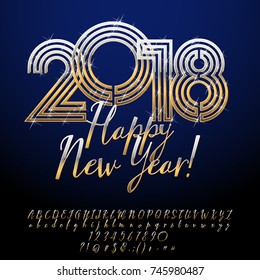 Vektor königliche Grußkarte glücklich Neujahr 2018.  Kalligraphischer Satz von Alphabet-Buchstaben, Zahlen und Symbolen. Golden Font enthält grafischen Stil.