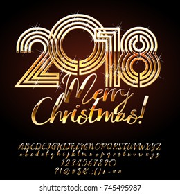 Vector royal Greeting Card Merry Christmas 2018. Chic set of Alphabet Letters, Numbers and Symbols. Golden Star Font contains Graphic style