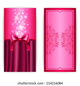 Vector royal invitation card with bow on textile background, place for text