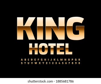 Vektor königliches Logo King Hotel. Goldene glänzende Schrift. Luxus Premium Alphabet Letters and Numbers Set