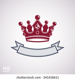 Vector royal red crown with undulate ribbon. Classic coronet with decorative curvy band. King regalia design element isolated on white background.