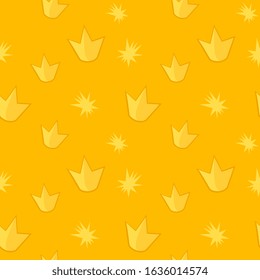 Vector royal seamless pattern with golden crown on yellow color background. Flat style design of crown for web, site, banner, print, wrapping paper, textile, fabric, backdrop