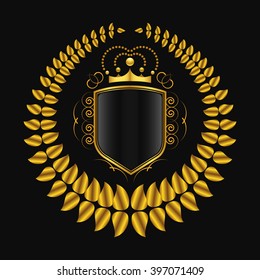 Vector royal shield with golden laurel wreath and crown.