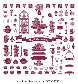 vector Royal tea party silhouette clipart. Cute shape breakfast set. Fun festive wedding rich dishes elements. Ceramic tableware. black outline object icons design. Line graphics box isolated on white