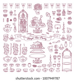 vector Royal tea party trendy flat clipart. Cute tasty breakfast set. Fun festive wedding rich dishes elements. Ceramic tableware. black outline object icon design. Line graphics box isolated on white