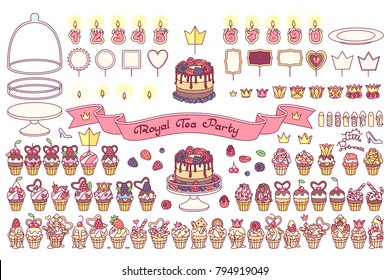 vector Royal tea party trendy flat clipart. Cute tasty sweet dessert set cake cupcake. Fun food festive happy birthday elements. Color object gift icons design. Graphics box isolated on white