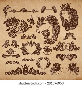 Vector royal wedding vignettes set in Medieval decorative style - elements for vintage decoration design embossed on cardboard parchment