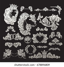 Vector royal wedding vignettes set in Medieval decorative style - elements for vintage decoration design - emblems cut out of realistic metallic silver foil isolated on black