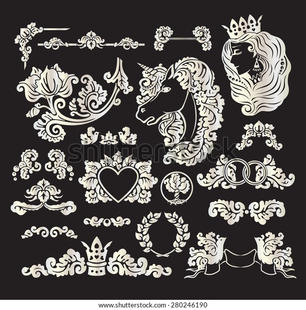 Vector royal wedding\
vignettes set in Medieval decorative style - elements for vintage\
decoration design