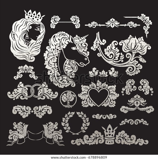 Vector royal\
wedding vignettes set in Medieval decorative style - elements for\
vintage decoration design - emblems cut out of realistic metallic\
silver foil isolated on\
black