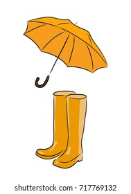 Vector rubber boots with umbrella, painted by hand.