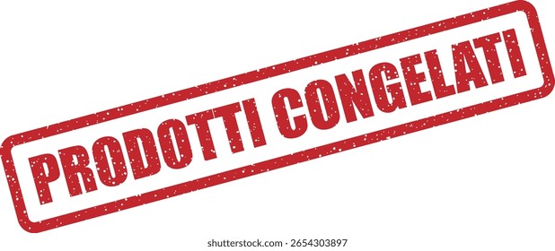 Carimbo de borracha vetorial com a frase italiana "PRODOTTI CONGELATI" (Produtos Congelados), ideal para embalagens de alimentos congelados, sinais de varejo e rótulos de preservação