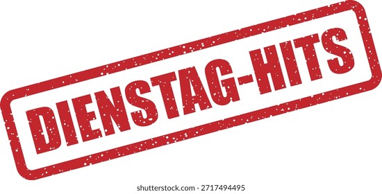 Sello de goma de Vector con el texto "DIENSTAG HITS" (visitas del martes): artículos más vendidos a la venta todos los martes. Perfecto para las mejores promociones de productos.