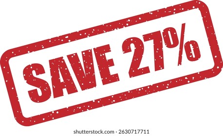Sello de goma de Vector GUARDAR con el texto "27%", perfecto para promociones, campañas de ventas y materiales de marketing que destacan los descuentos por tiempo limitado