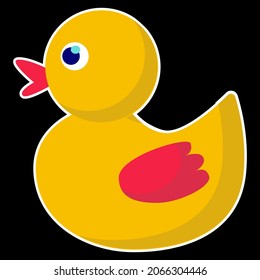 Vector rubber, yellow duck. Realistic yellow toy for kids. Duck sticker on a black background.