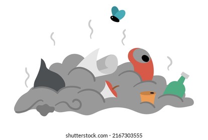 Vector Rubbish Dump Icon. Smelling Waste Heap Illustration. Trash Pile Isolated On White Background. Organic, Paper, Metal, Glass, Plastic Garbage. Earth Day Or Zero Waste Ecological Concept
