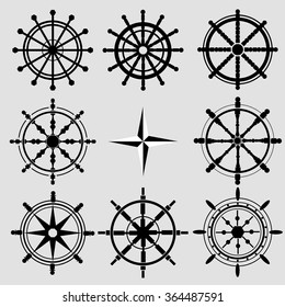 Vector rudder black and white flat icons set. Rudder wheel illustration. Boat wheel control rudder vector icons set. Rudders, ships, sea, wheel, round, control, yacht, cruise eps 10