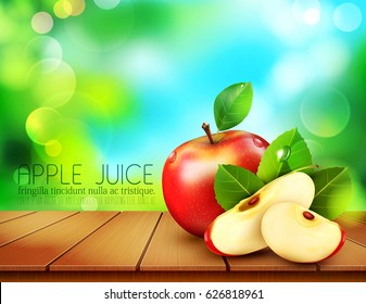 vector ruddy apple with apple slices lying on a wooden table on the background of the sky and green foliage