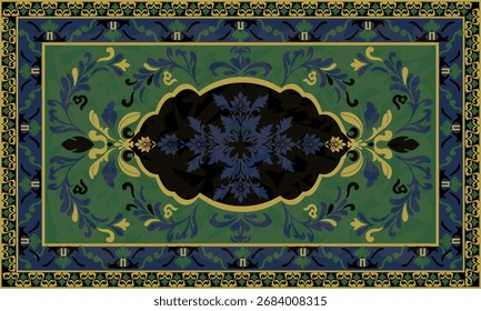 Vector rug artwork with ornate green and blue floral patterns, framed by elegant golden borders