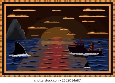 Vector rug design with dramatic sunset, fishing ship, sharks, and stylized waves. Elegant ornamental border enhances marine mood. Perfect for textile, print, or interior decor. EPS10 included.