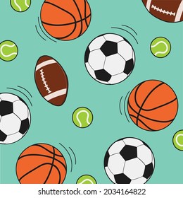 Vector de rugby, tenis, fútbol y balones de baloncesto repetidos sobre fondo verde. decoración gráfica impresión o diseño textil, concepto deportivo imagen de generación digital.