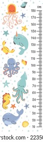 Vector ruler for measuring growth in children. Jellyfish seahorse whale narwhal octopus turtle seashells and starfish bubbles. 