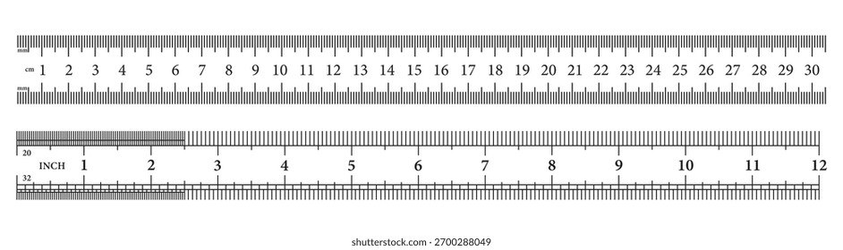 Vector ruler template with metric and imperial scale markings for measurement, geometry, education, or technical drawing concepts. Black and white illustration for precision and accuracy.