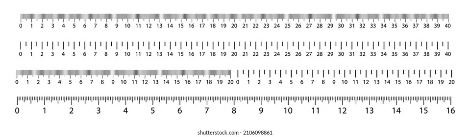 Vector rulers set. Measure scales with cm and inch. Metric tapes with centimeters, millimeters. Icons of flat vertical chart lines for length and size on white background. Tool design for square rule.