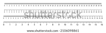 Vector rulers set. Measure scales with cm and inch. Metric tapes with centimeters, millimeters. Icons of flat vertical chart lines for length and size on white background. Tool design for square rule. Foto stock © 