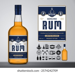 Vector rum label design template. Rum glass bottle mockup. Distilling industry branding and identity design elements