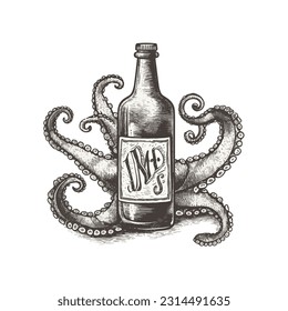 Vector rum in octopus tentacles engraved vector illustration isolated on white background pirate alcohol