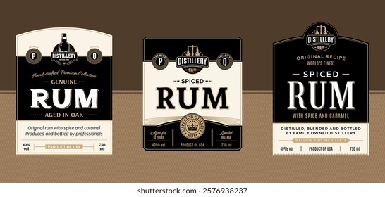 Vector rum vintage black and beige labels and packaging design templates. Distilling industry branding and identity design elements