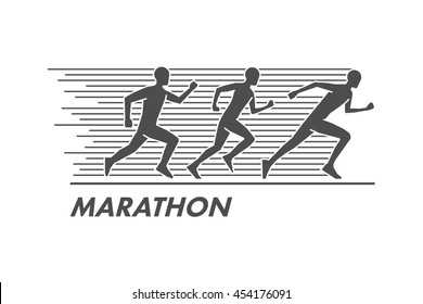 Vector run and marathon logo. Line silhouettes of marathoners.