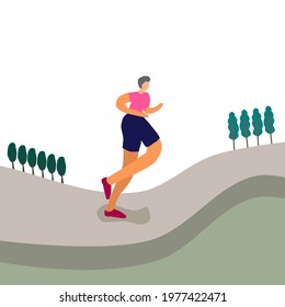 Vector run in Parks, On the road,  trees, lawns, running Face shield wear. on white background.