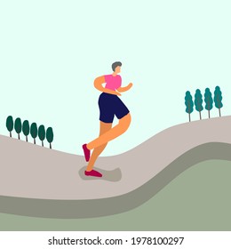 Vector run in Parks, On the road,  trees, lawns, running. on light  green background.
