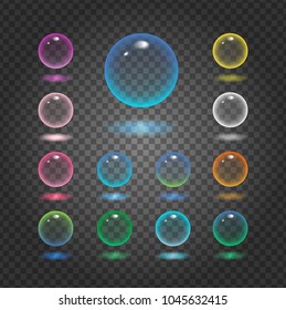 Vector rund glass sphere icons set of 13 colors - transparent soft pastel colored bubbles collection on demonstrative gray grid